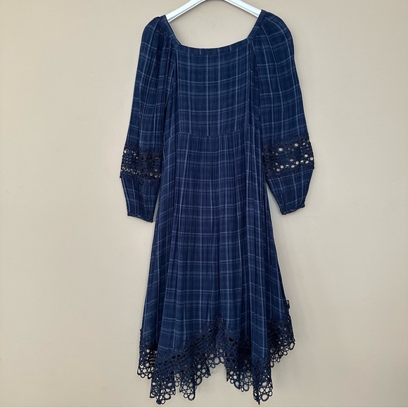 Anthropologie’s Akemi Kin Sz 2 Cottagecore Dress Navy Blue Plaid Codie Lace - Picture 12 of 16